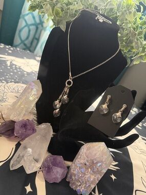 Brighton Silver Necklace and Earring Set with Gray Teardrop Crystals